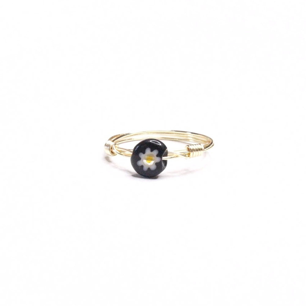 Handmade Wire Wrapped Black and Gold Flower Ring
